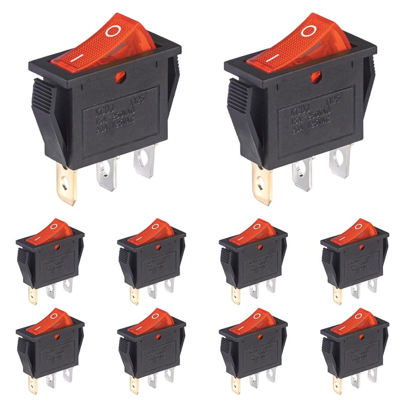 VEXUNGA 10pcs Lighted KCD3 Rocker Switch On Off 3 Pin 2 Position Red Light Boat Rocker Switches 20A 15A 125V 250V AC SPST Square llluminated Power Switch - Image 1